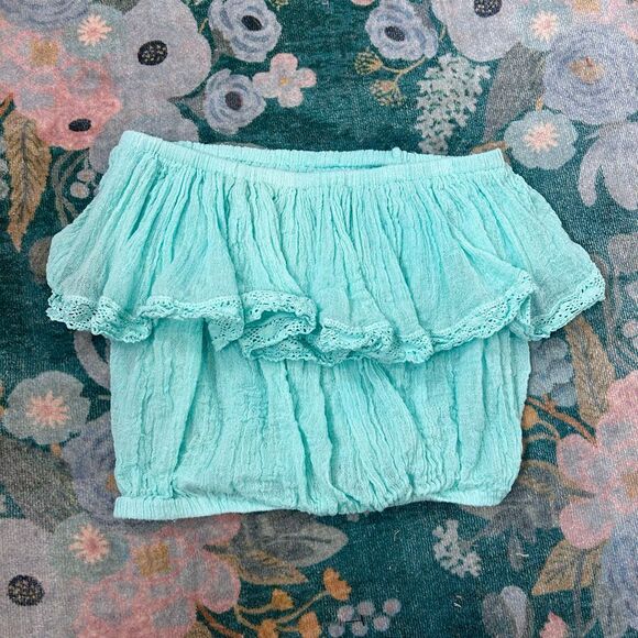 Jen's Pirate Booty Top Womens One Size teal Gauze Ruffle Lace Crop Off Shoulder - Picture 2 of 11